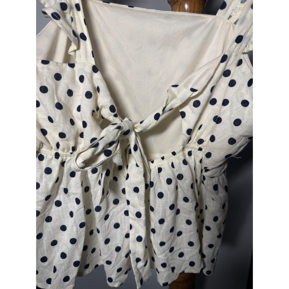Monteau Los Angeles Polka Dot Peplum Top Cream Navy Ruffle Tie Back XL - Picture 3 of 4